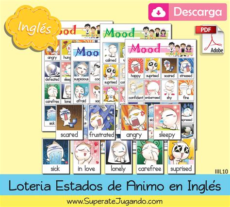 Lotería Estados de Ánimo en INGLES para imprimir - Printable Mood Bingo ...