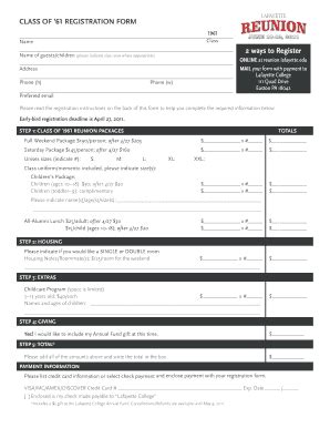 Fillable Online reunion lafayette CLASS OF 61 REGISTRATION FORM ...