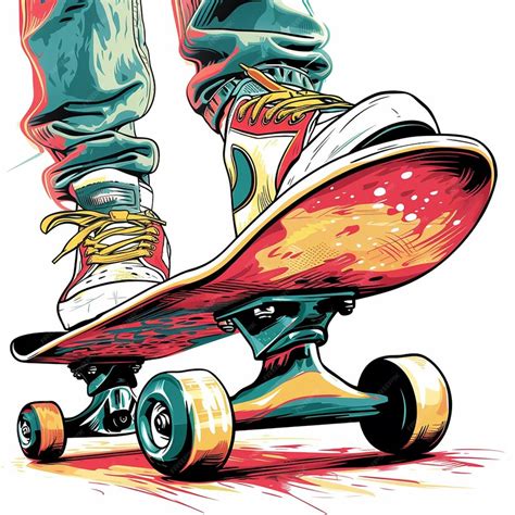 Um desenho de uma pessoa em um skate com um fogo na parte inferior ...