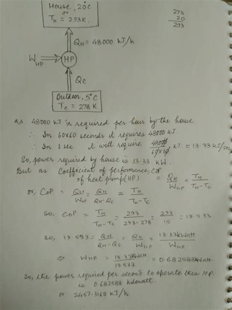 A carnot heat pump supplies heat to a house at a rate of 48000 kj/h to ...