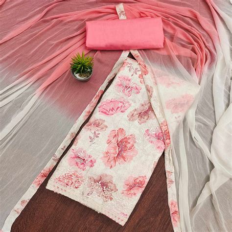 Off White & Pink Printed With Embroidered Pure Cotton Dress Material