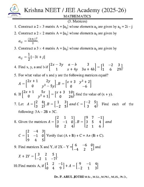 3. Matrices - Hi there - Dr. P. ARUL JOTHI M., M., M., MLIS., Ph ...