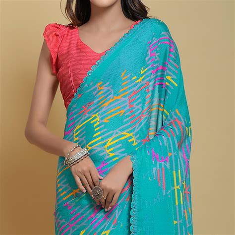 Blue Printed Georgette Saree With Swarovski Border
