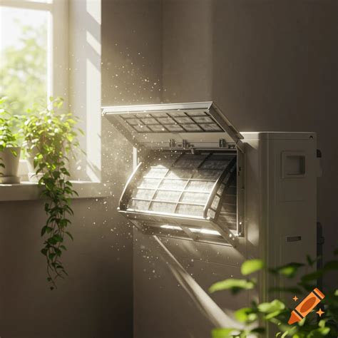 An open air conditioner unit reveals a dirty filter, illuminated by ...