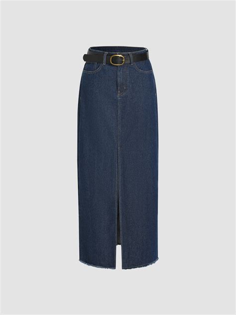 Denim Skirts Denim Denim Mid Waist Split Maxi Skirt With Belt For Daily ...