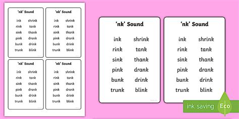 ‘nk’ words phonics list cards- easy to print off.