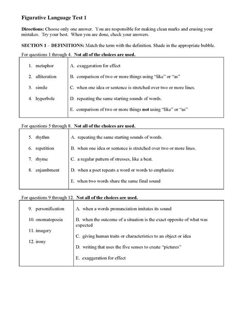 Figurative Language Printable Test | Language Worksheets