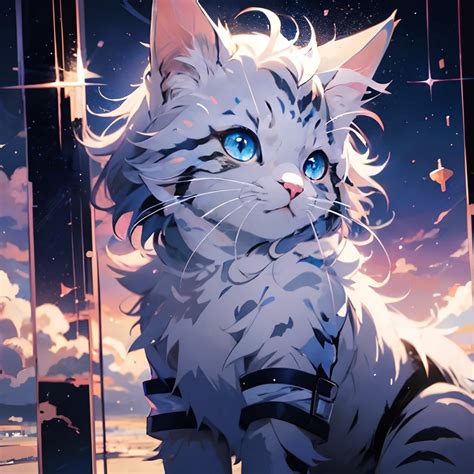 anime cat with blue eyes and stars on background, anime cat, cute cat ...