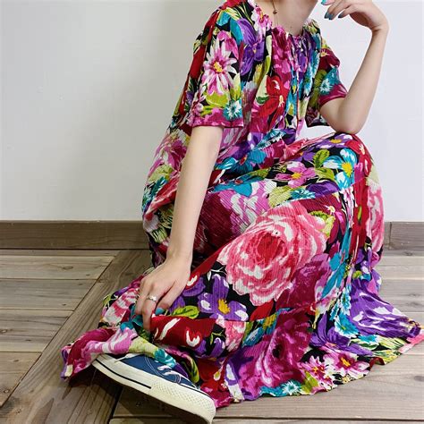 Red colorful flower long dress | LEMON