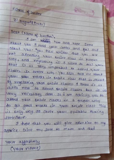 Write a letter to your younger brother advising him not to neglect his ...