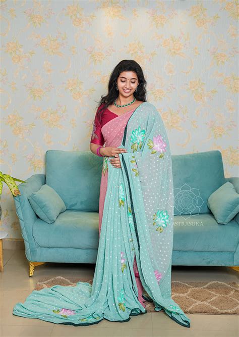 Ice Blue Floral Hand Painted Saree – Vastrasuka