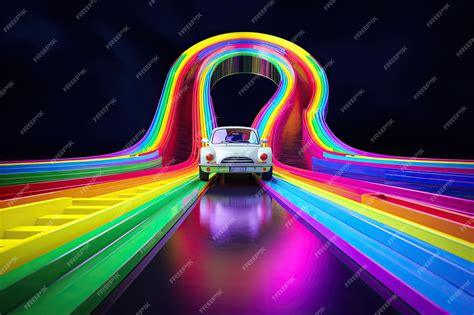 Premium Photo | A car driving on a rainbow road ai generative