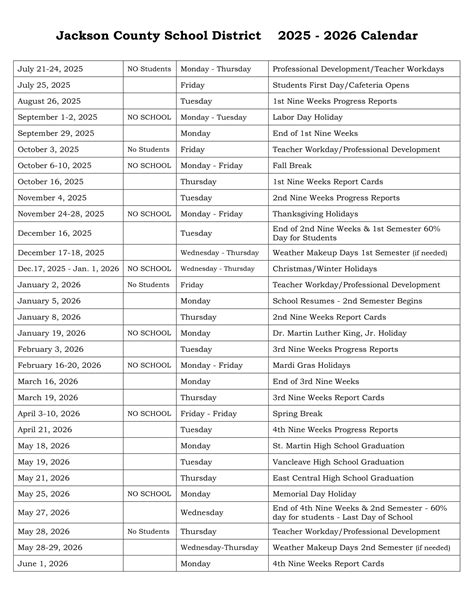 Jackson County School District MS Calendar 25-26 Revised [pdf] - EduCounty