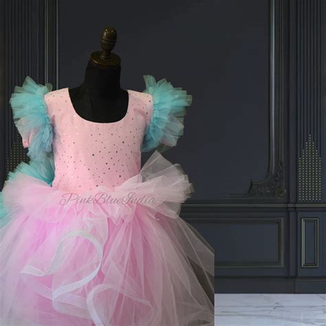 Pink & Blue Detachable Party Wear Tail Gown