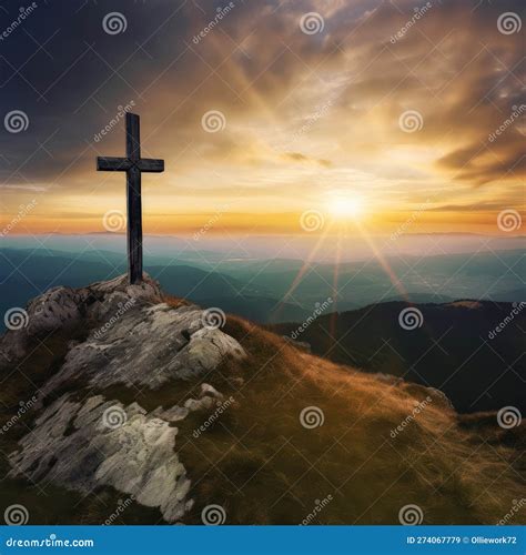 A Christian Cross on a Mountaintop with a Beautiful Sunrise. a ...