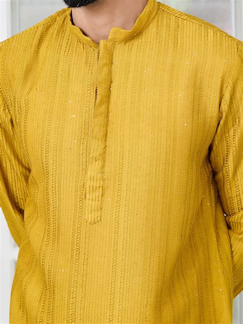 Men Mustard Embroidered Sequinned Chanderi Silk Kurta – FYVA
