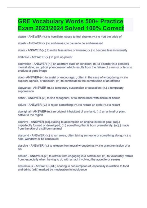 GRE Vocabulary Words 500+ Practice Exam 2023/2024 Solved 100% Correct ...