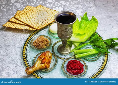 Passover Seder Plate Keara With Symbolic Meal On Table, Top View. Pesah ...