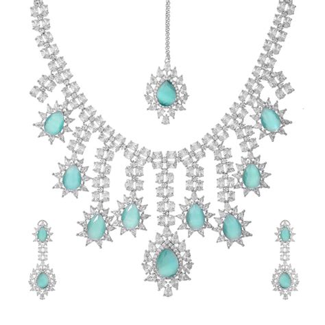 Sparkling Elegance Dazzling Turquoise American Diamond Maang Tikka Set ...