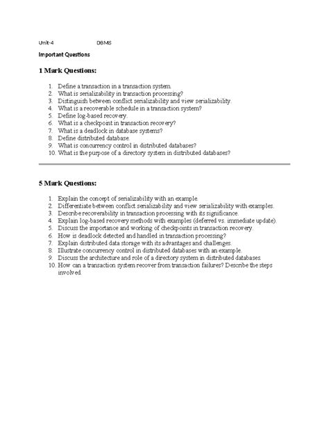 Unit-4 DBMS Important Questions for Quick Revision - Studocu