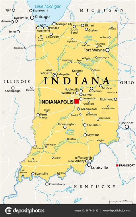 Indiana Political Map Capital Indianapolis Most Important Cities Rivers ...