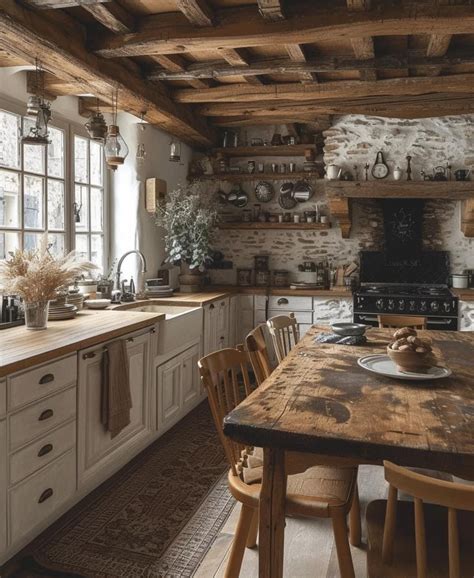 Rustic Countryside Kitchen with Wooden Floors and White Cupboards