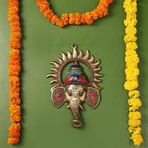 Buy Brass Lord Ganesha Face Wall Hanging with Stonework - 11x7.5 inch ...