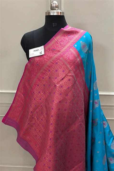 Firozi and Pink Resham Zari Silky Banarasi Saree – Mohsin Textiles