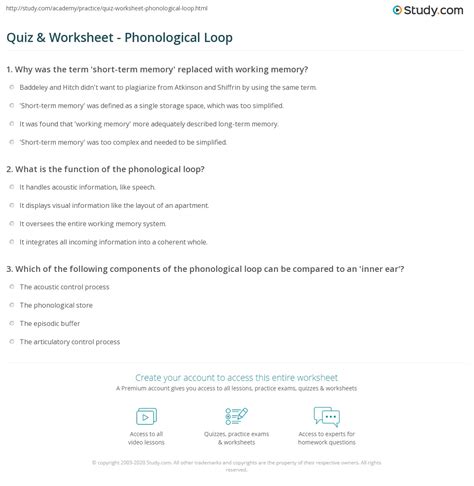 Quiz & Worksheet - Phonological Loop | Study.com