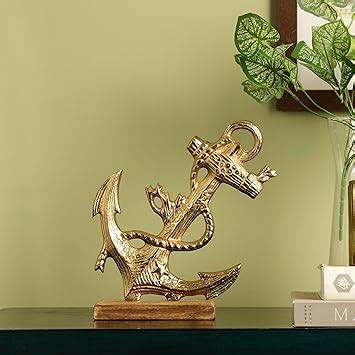 PURESTORY Decorative Metal Anchor Showpiece with Wooden Base ...