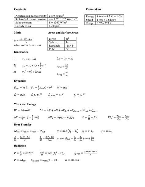 Phys 100 - Formula Sheet - 2022W1 - Constants Conversions Acceleration due to gravity g = 9 m/s ...