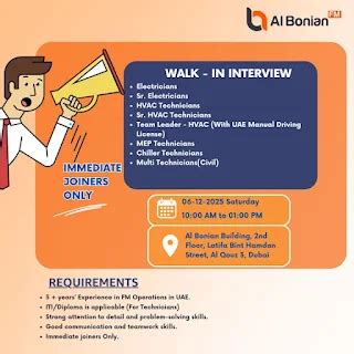 Al Bonian FM Walk-In Interview Dubai | Electrician & HVAC Technician ...
