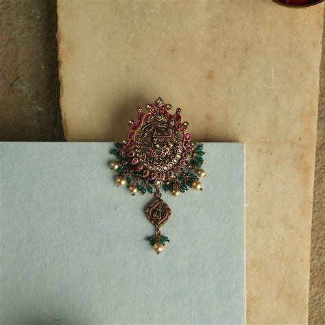 Traditional Kundhavai Nakshi Pendant 92.5 Silver Kundan Stones