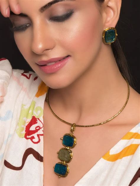 Gold Plated Blue Handcrafted Brass Semi Precious Stone Necklace