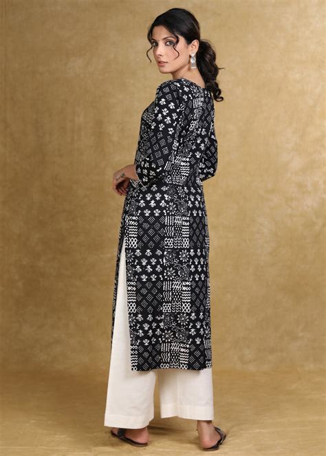 Easy To Wear Cotton Black Patch Work Printed Kurta – Sujatra