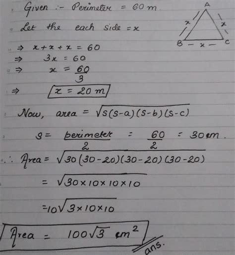 The perimeter of an equilateral triangle is 60 m. The area is _____ Sq ...