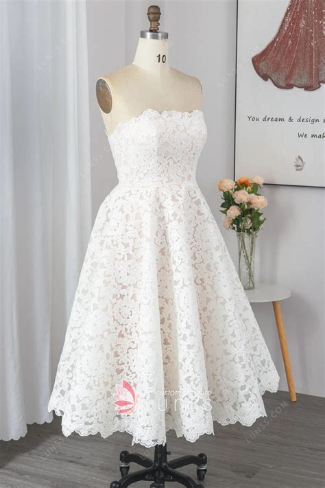 Floral White Lace Nude Lining Tea-length Bridal Dress - Lunss