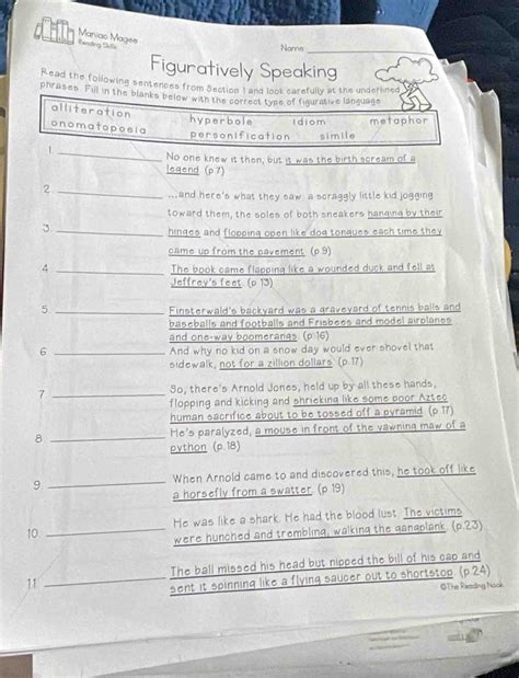 Solved: Maniac Magee Reading Skills Name Figuratively Speaking Read the ...