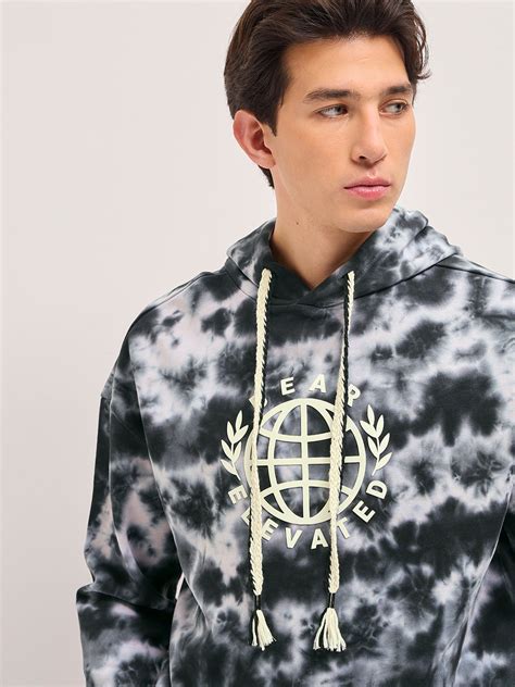 Shop Black & Grey Tie-Dye Relax Fit Hoodie with “BEAR ELEVATED” Graphic ...