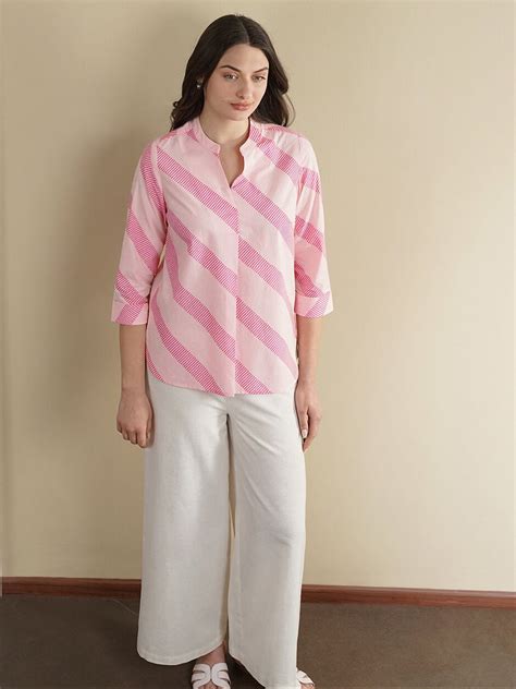 Buy Pink Cotton Striped Band Collar Top Online | Pink Fort