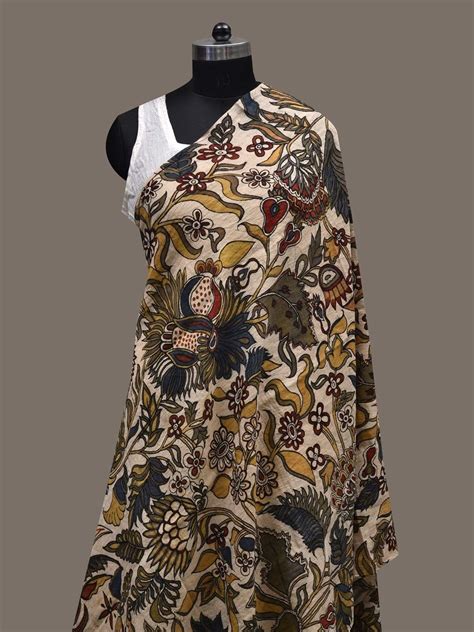 Cream Kalamkari Hand Painted Cotton Handloom Dupatta with Exotic Flora ...