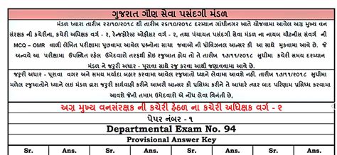 GSSSB Departmental Exam provisional Answer Key - Exam date : 22.10.2018 ...
