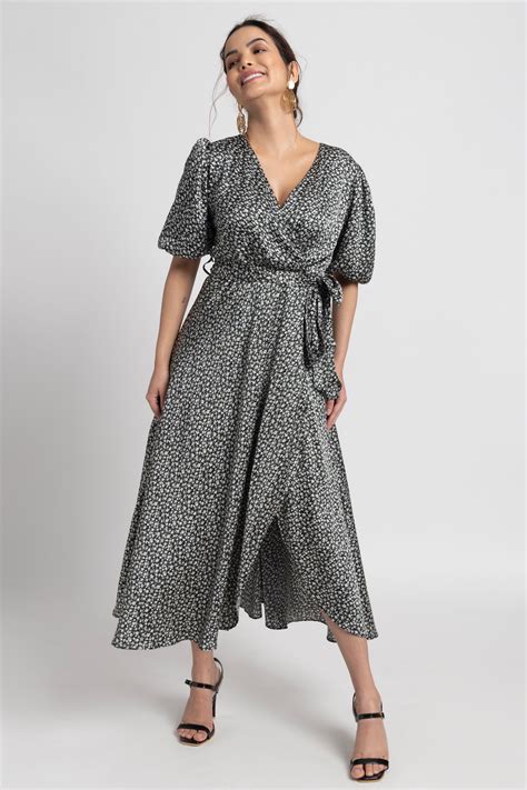 Noir Botanical Surplice Midi Dress – JULO