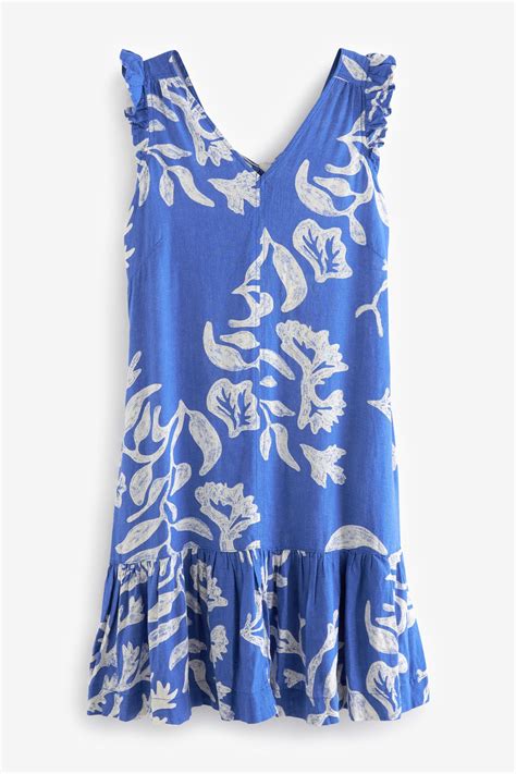 Buy Blue on White Linen V-Neck Blend Summer Sleeveless Shift Dress from ...
