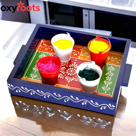 Wooden Hand Painted Holi Tray With Balty – Oxyroots Handicraft