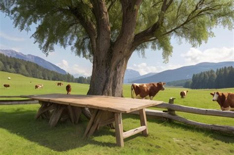 Cows and table of wood | Premium AI-generated image
