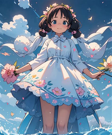 A woman in a dress standing in the water with flowers - SeaArt AI