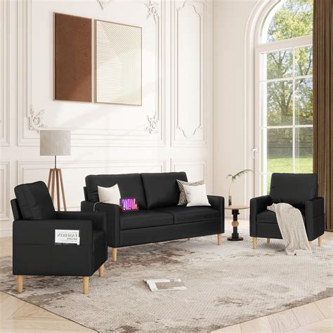 66" Black Faux Leather Sofa Couches w/USB, 3 Piece Living Room Set, Mid ...
