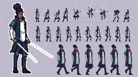 Character pixel art animation sprite sheet ready to use walk cycle run hit sword black guy cape ...