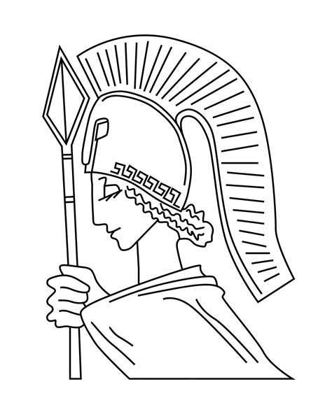 Goddess athena with bowed head and spear in hand contour drawing of ...